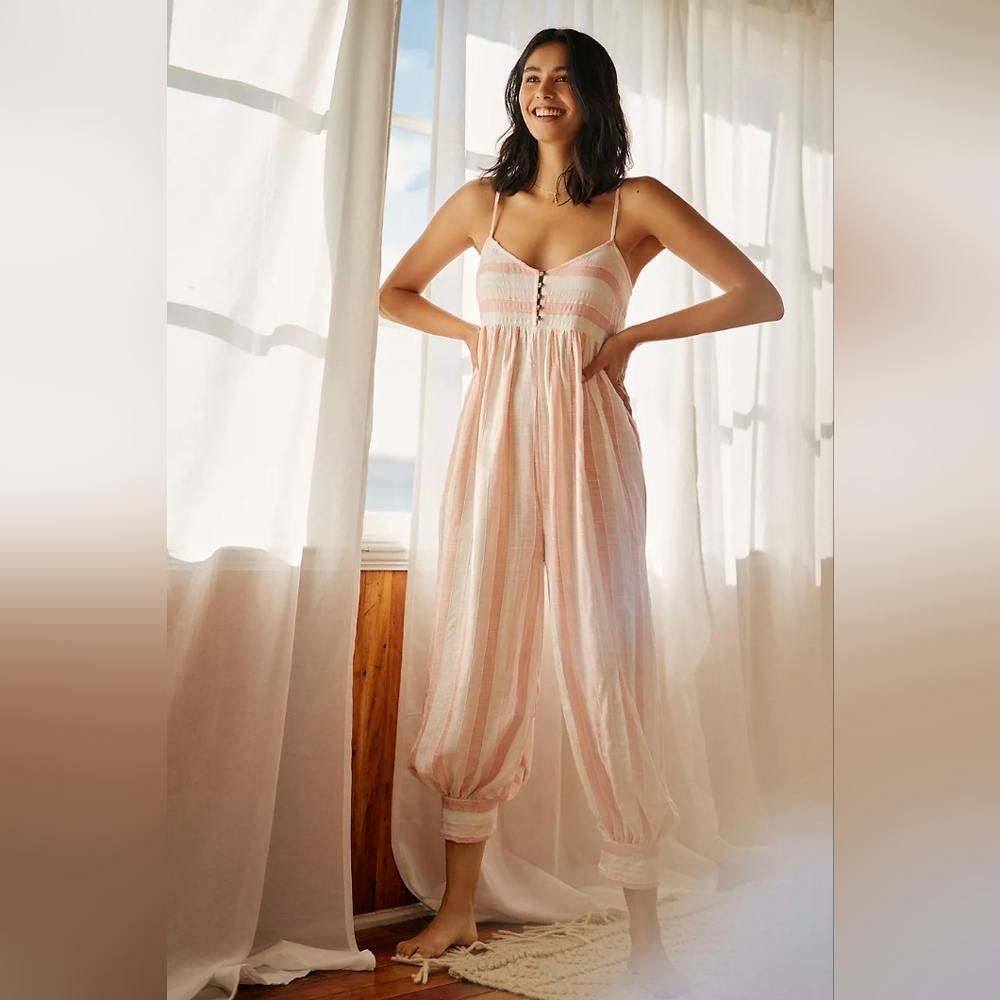 NWOT Anthropologie Button-Front Jumpsuit in Pink Combo 🩷 (Sz L)